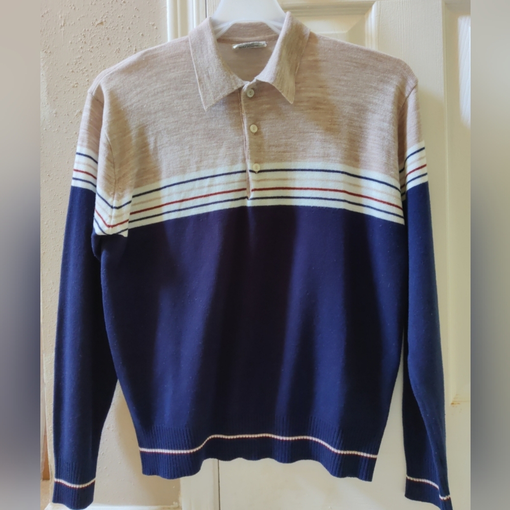 Vintage 1970s Mister Man Blue Beige Striped Acrylic Retro Sweater